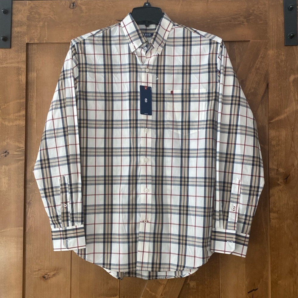 Izod White Plaid Dress Shirt with Navy & Red Stripes